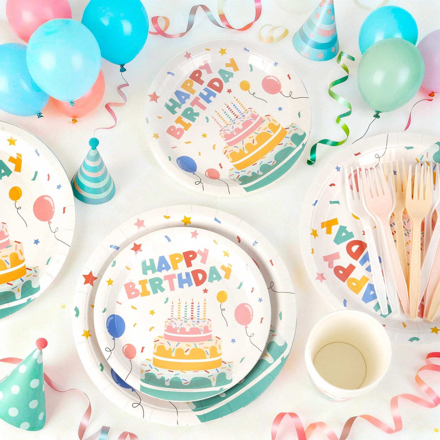 Childom Birthday Decorations,96 Pcs Birthday Plates and Cups,Happy Birthday Decorations,Disposable Plates for Birthday Party Decorations,Dinnerware Sets for Party Supplies,Tableware Set Serve 24