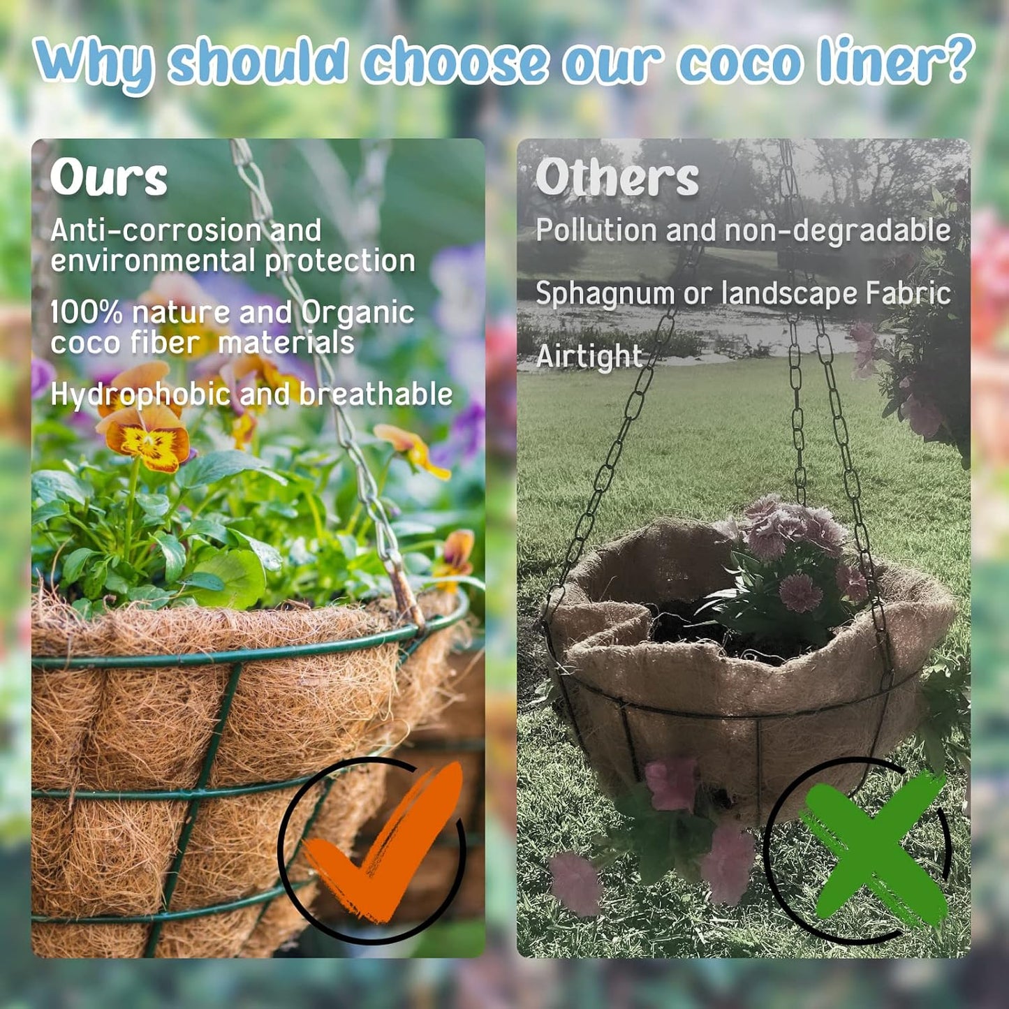 Legigo 3 Pack Coco Fiber Hanging Basket Liners - 100% Natural 8 Inch Round Planter Inserts for Flowers & Vegetables