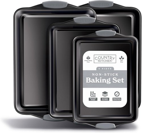 Country Kitchen Nonstick Bakeware Set - Heavy Duty & Durable, Easy Release, Grey | 4 Pieces