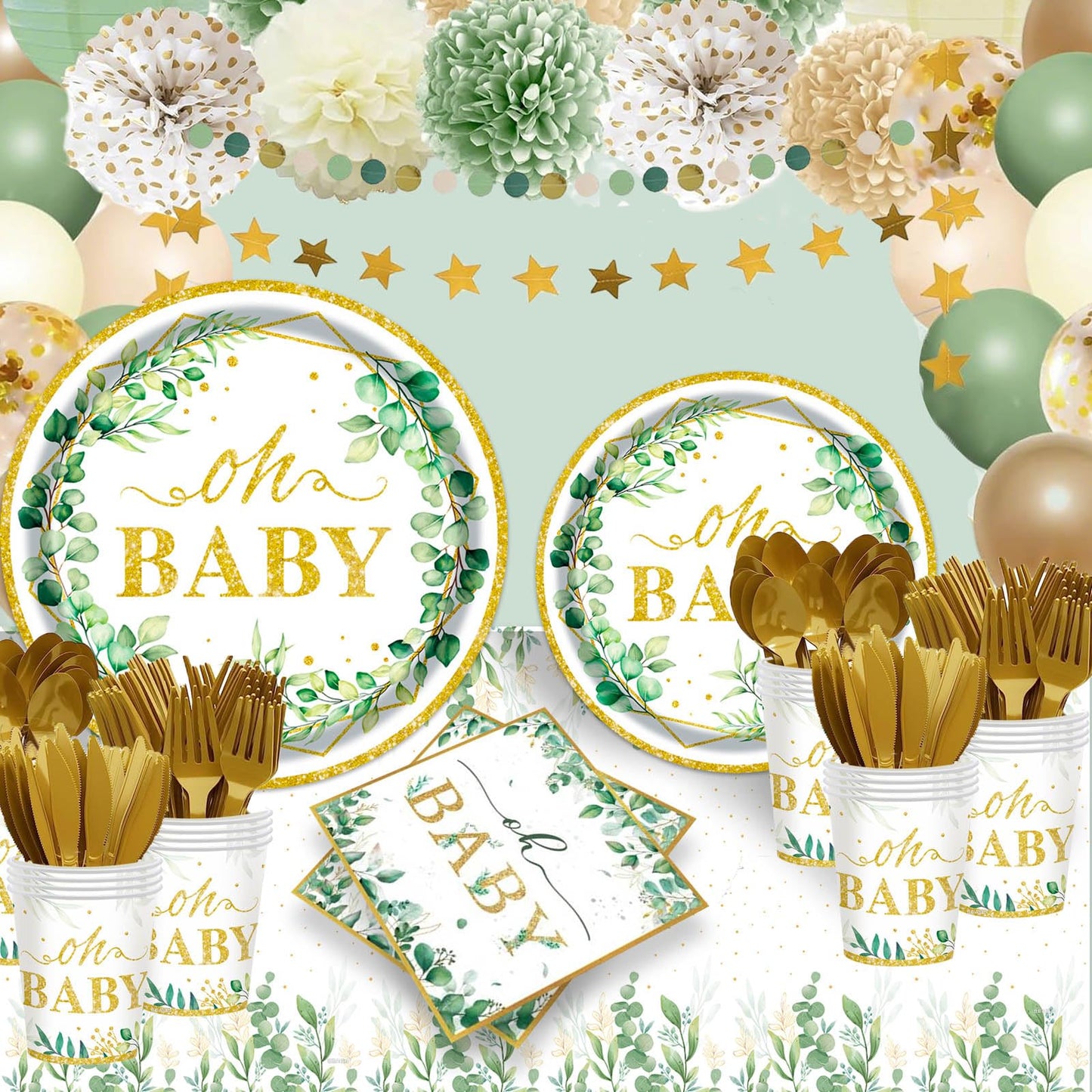 Sage Greenery Baby Shower Plates and Napkins Tableware Set - 175pcs Gender Neutral Baby Shower Decorations Oh Baby Party Supplies, Disposable Paper Plates Napkins for Baby Girl Boy Shower Decorations