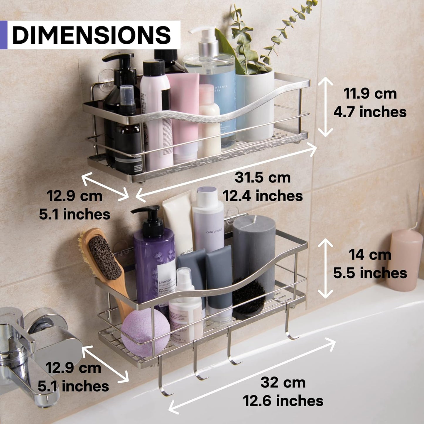 KINCMAX Premium Shower Caddy - Self-Adhesive Wall Organizer | Rustproof Stainless Steel, 2-Pack, Silver