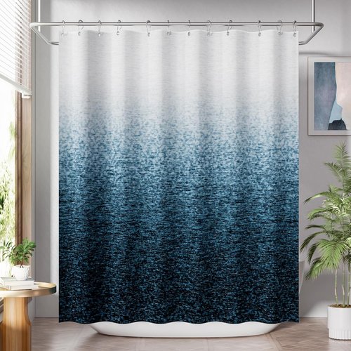 AmazerBath Ombre Shower Curtain - Washable Dark Sea Blue Cloth Set with Hooks | 72x72 Inches