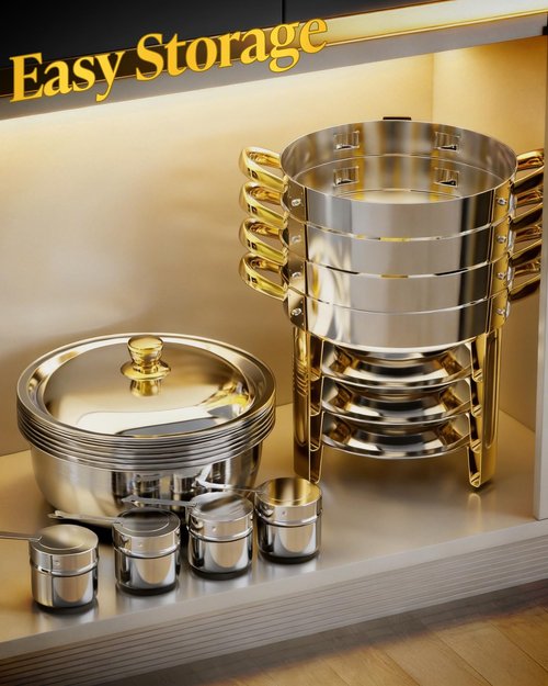 Chafing Dishes for Buffet 4 Pack, 6QT Round Chafing Dish Buffet Set Stainless Steel Buffet Food Warmers Sets for Catering Events Parties Dinners with Complete Set,Gold and Silver (4, Gold)