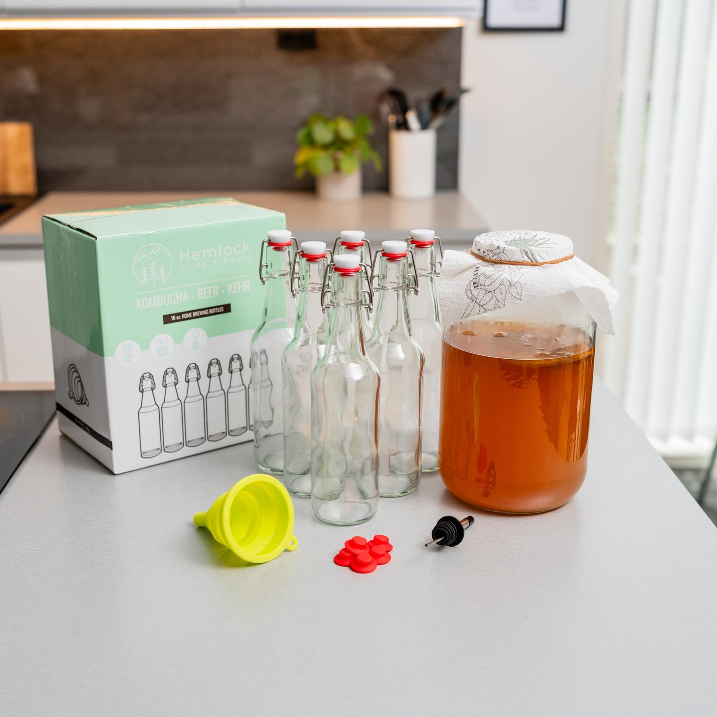 Kombucha Bottles, Swing Top Glass Brewing Bottles Bottles for Kombucha, Beer, Kiefer, Limoncillo, Vanilla - 16 oz. - Grolsch Style Bottle (6 Set) with Funnel