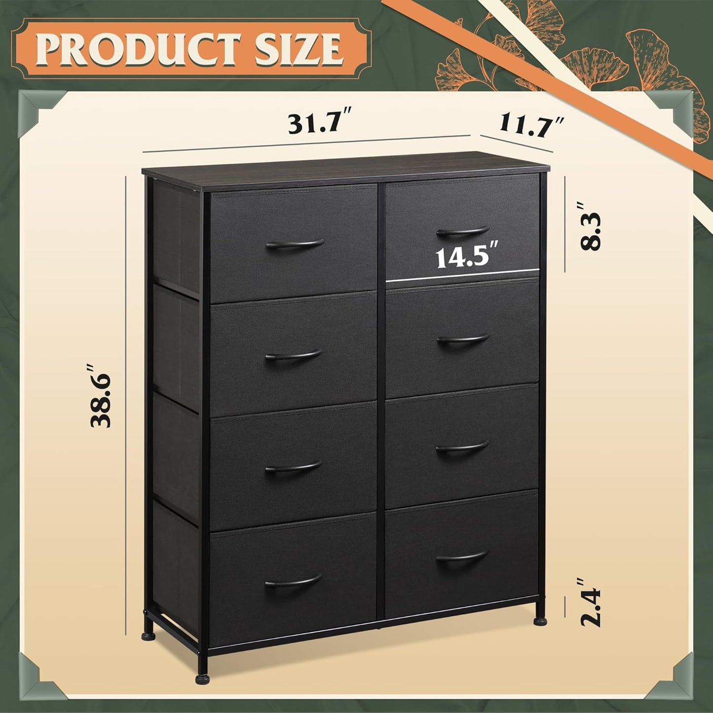 WLIVE Fabric Dresser - Tall 8-Drawer Storage Tower with Bins for Bedroom | Charcoal Black