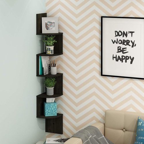 Furinno ROSSI Floating Book Shelves - 5-Tier Zigzag Corner Shelf for Living Room, Bedroom & Office | Espresso