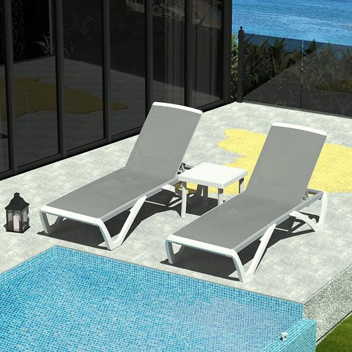 Domi Patio Chaise Lounge Chair Set - Adjustable Outdoor Aluminum Chairs with Side Table | 2 Grey Chairs