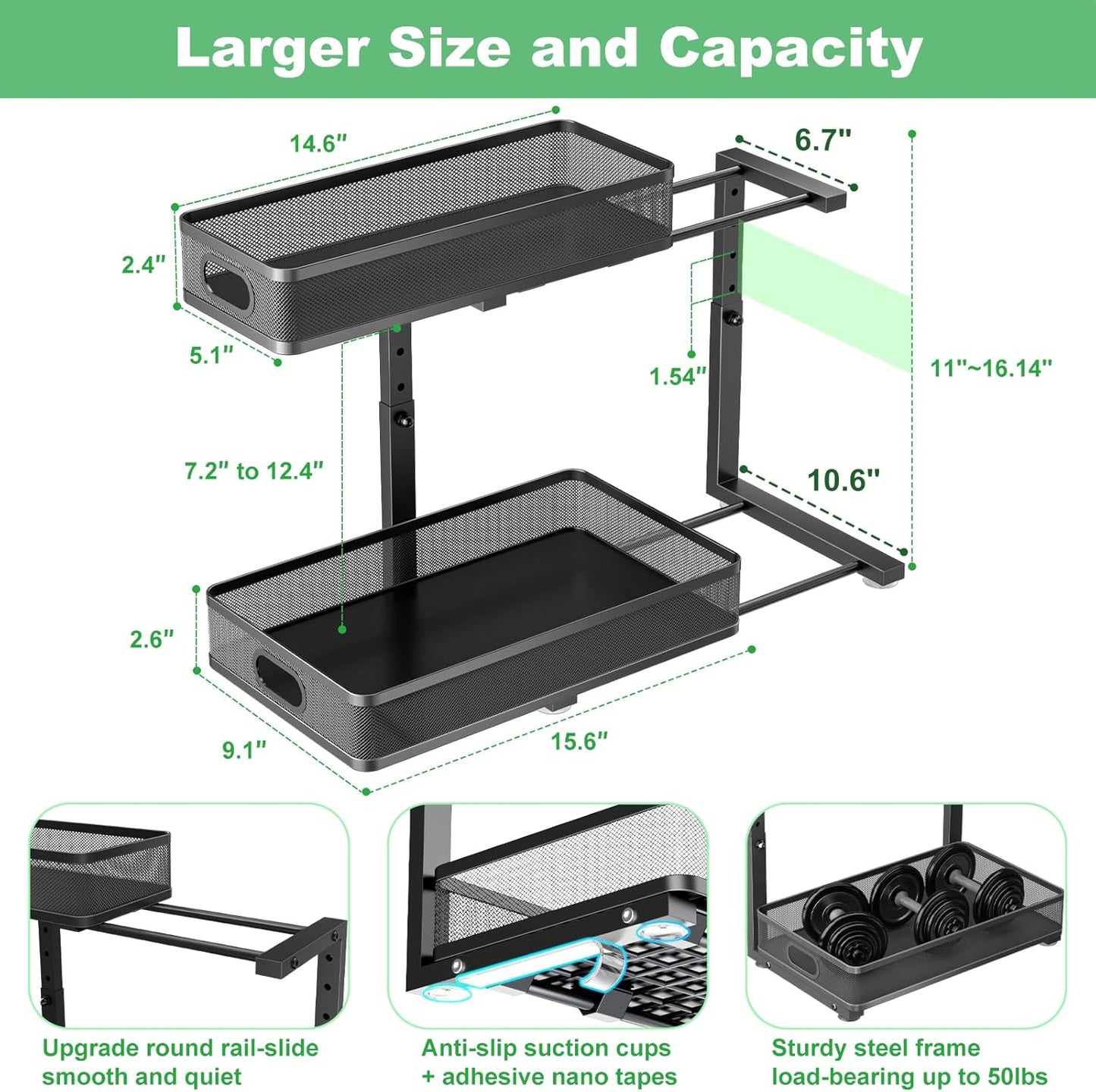 Under Sink Organizer 2-Pack | Adjustable 2-Tier Metal Storage Drawers for Kitchen & Bathroom