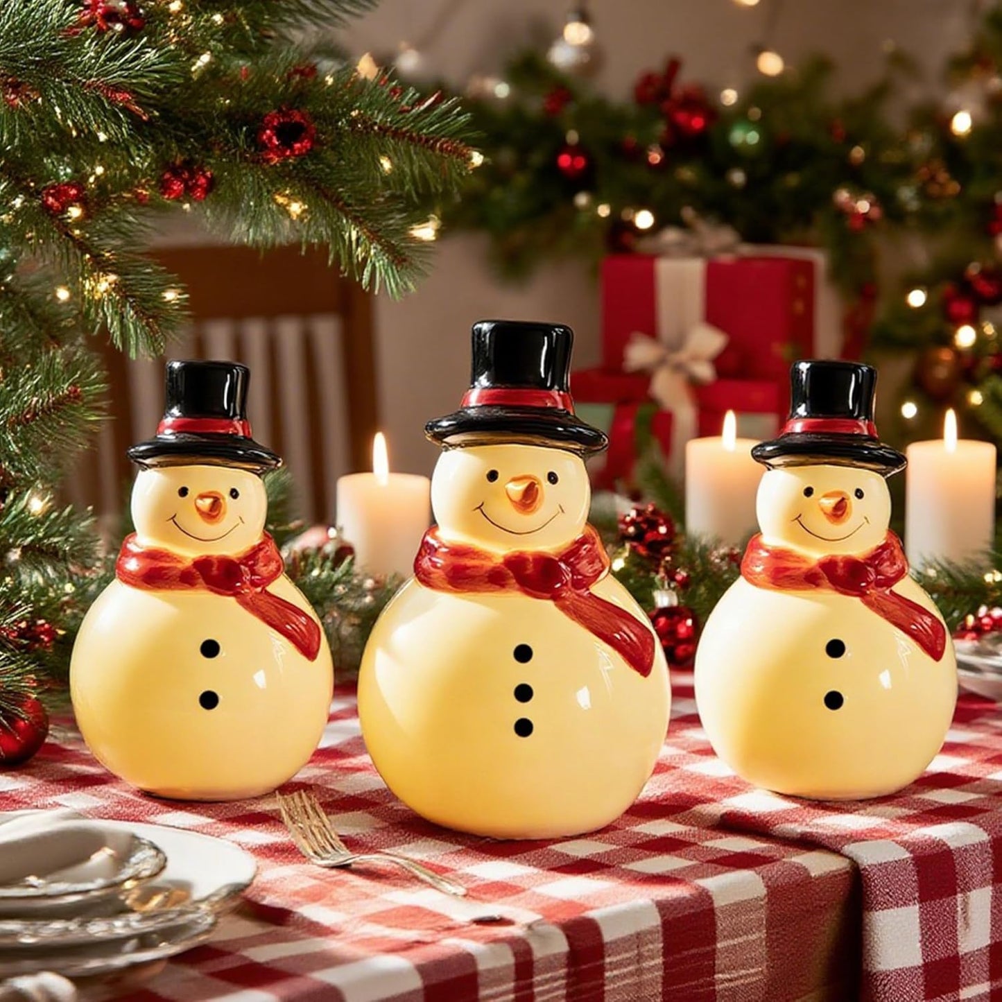 Nerosun Christmas Snowman Figurines - 3 Pack Cute LED Lighted Tabletop Decorations for Winter Decor