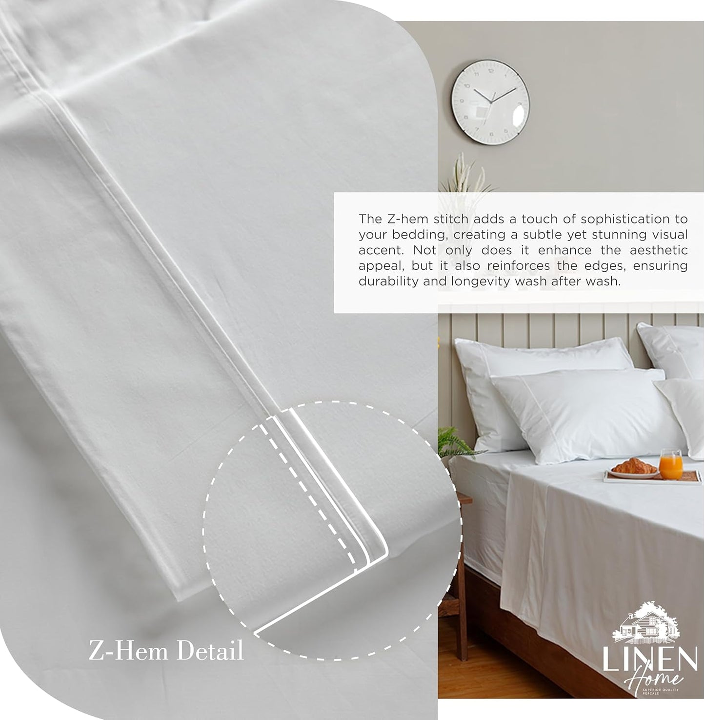Linen Home 100% Cotton Percale Queen Sheets Set - White Deep Pocket, 4 Pieces for Crisp Comfort