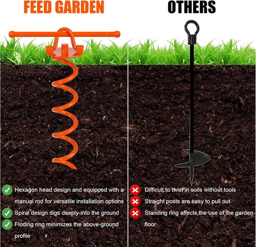 Feed Garden Heavy-Duty Spiral Ground Anchors - 12.2 Inch Stakes for Dogs, Tents, Trampolines | 4 Pack, Orange