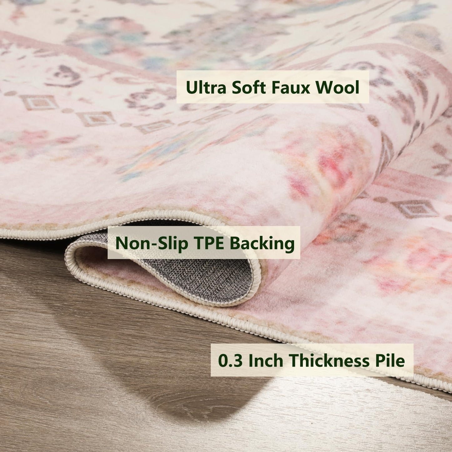 auruge Area Rug - Vintage 3x5 Non-Slip Backing Area Rugs Light Pink Soft Faux Wool Carpet Foldable & Machine Washable Rugs for Living Room Bedroom Dining Room Nursery Home Office