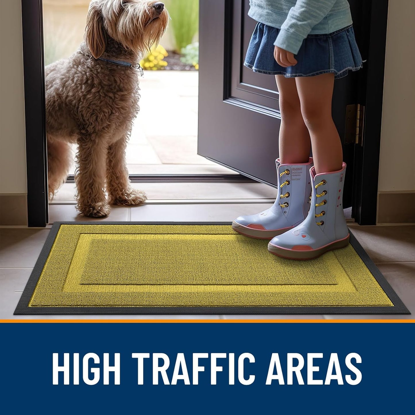 OLANLY Waterproof All-Season Front Door Mat - Sturdy Natural Rubber, Easy Clean | 47x32, Lime Green