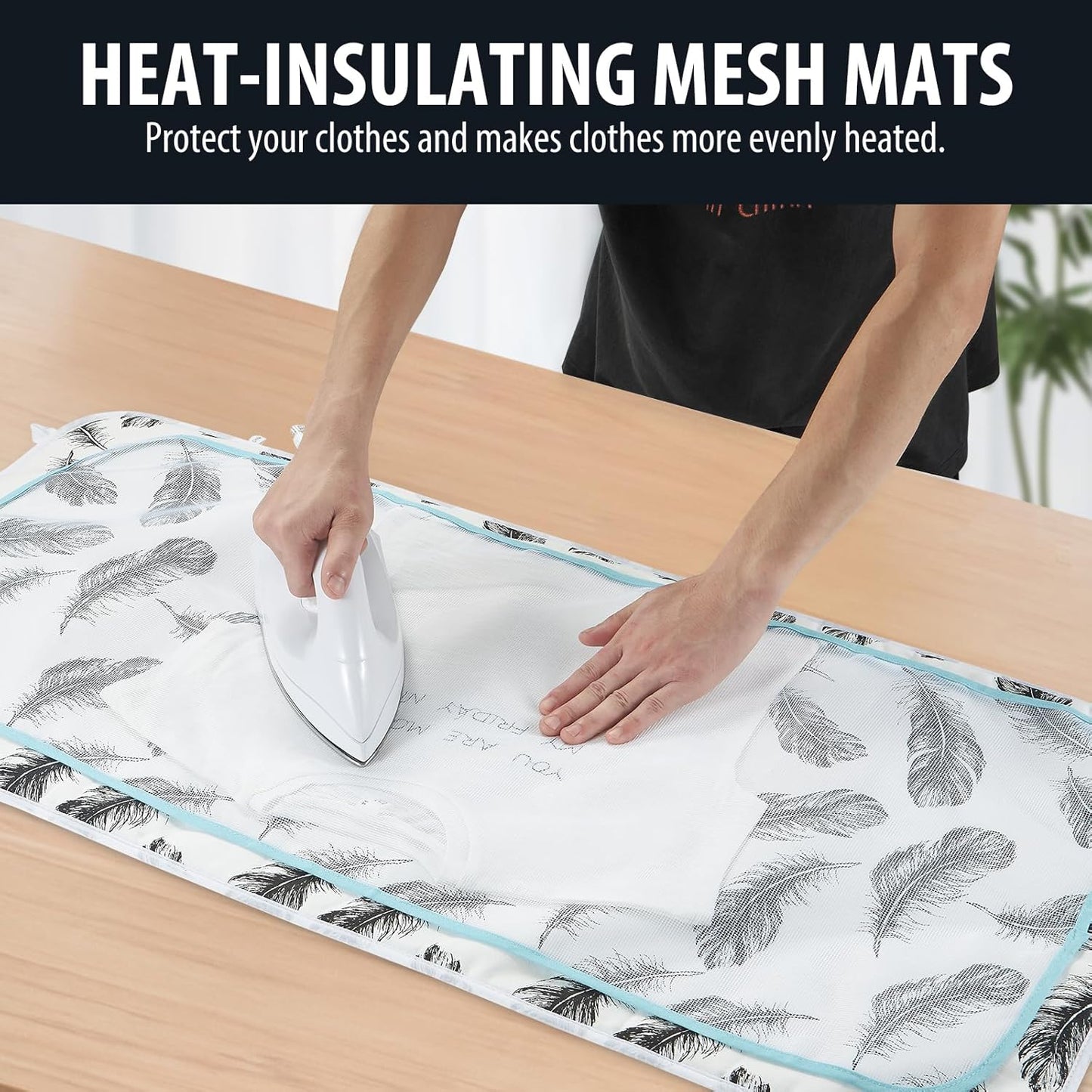 Seiritex Ironing Mat - Portable 5-in-1 Ironing Pad | 39.4 x 18.9 Inch Travel Blanket - Black Feather Design