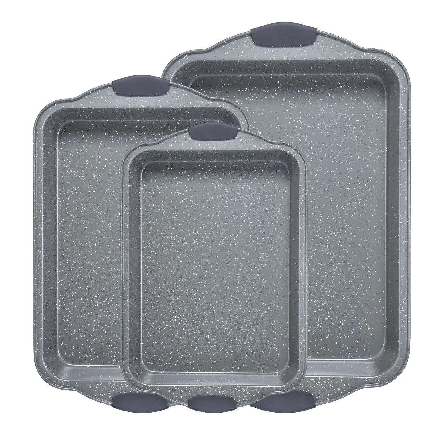 Anveena 3-Piece Nonstick Kitchen Oven Baking Pans - Premium & Stylish Non-Stick Steel, Commercial Grade Restaurant Quality Metal Bakeware with Red Silicone Handles - Easy to Clean gray