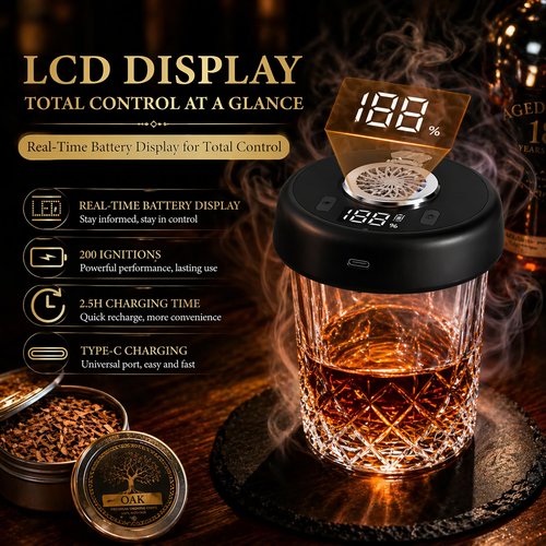 Electric Whiskey Smoker Kit, Torch-Free Rechargeable Cocktail Smoker with 7 Color Lights, All-in-1 Gift Set with 2 Wooden Whiskey Glasses, 10 Wood Chips, Ice Molds & Steel Cubes for Men, Dad