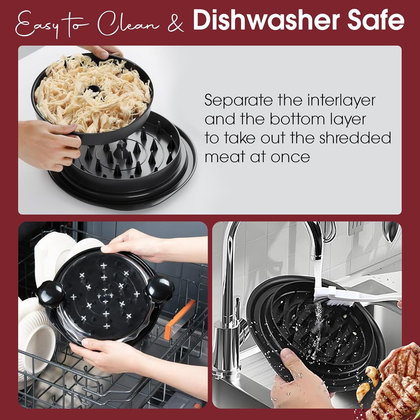 Skiennix Chicken Shredder - Ergonomic Tool with Brush & Fork, BPA-Free, Anti-Slip Design (Black)
