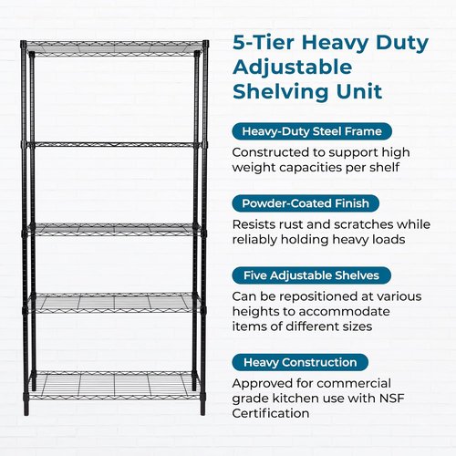 Honey-Can-Do Heavy-Duty 5-Tier Metal Storage Rack - Adjustable Shelves, 200-lb Capacity, Black, 14" W x 36" L x 72" H