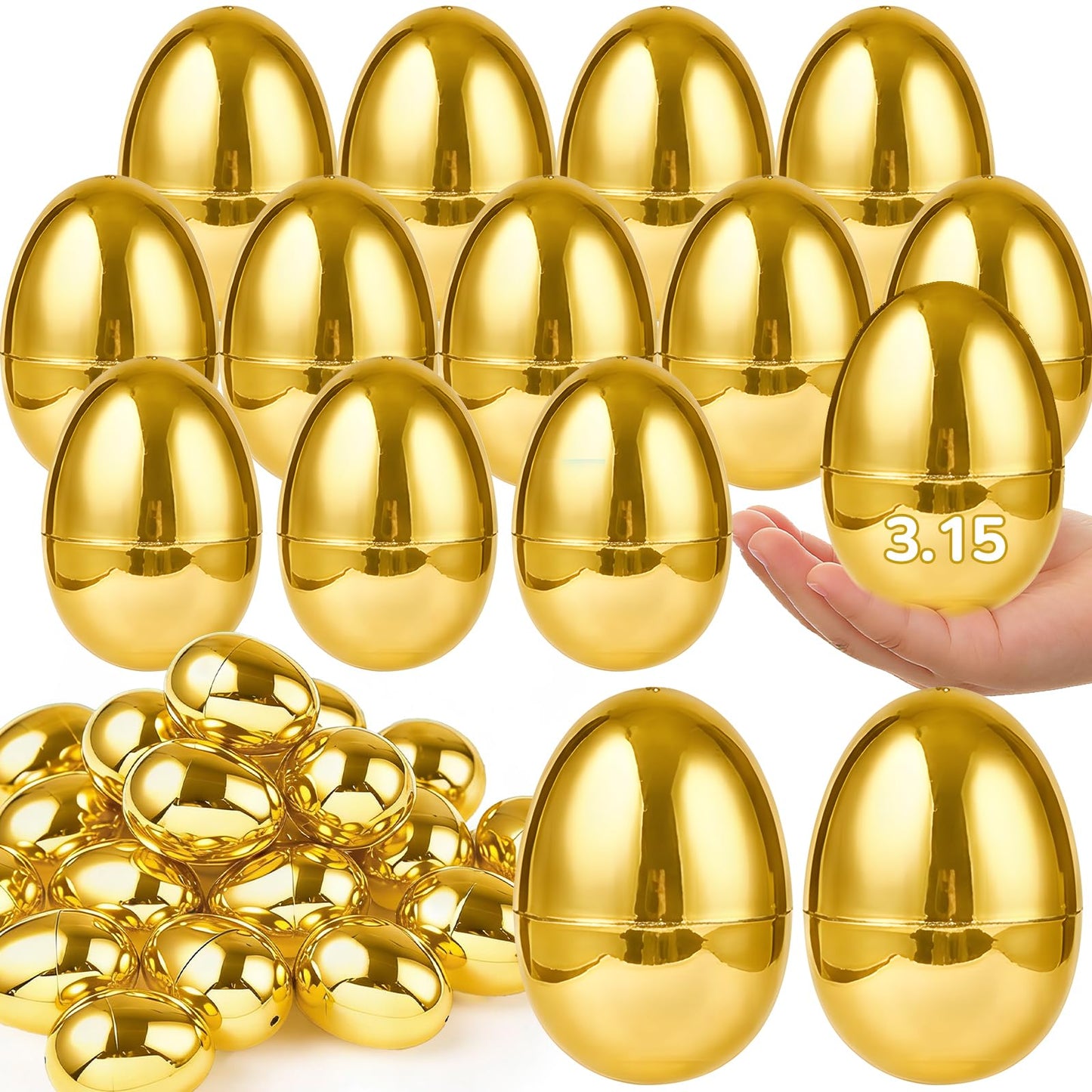 3.1" Large 50 Pack Golden Easter Eggs Fillable Plastic Easter Eggs Bulk Empty Easter Basket Stuffers for Easter Treats Filler Eggs Hunt Supplies Classroom Prize Easter Party Favors Packs Kids Toddler
