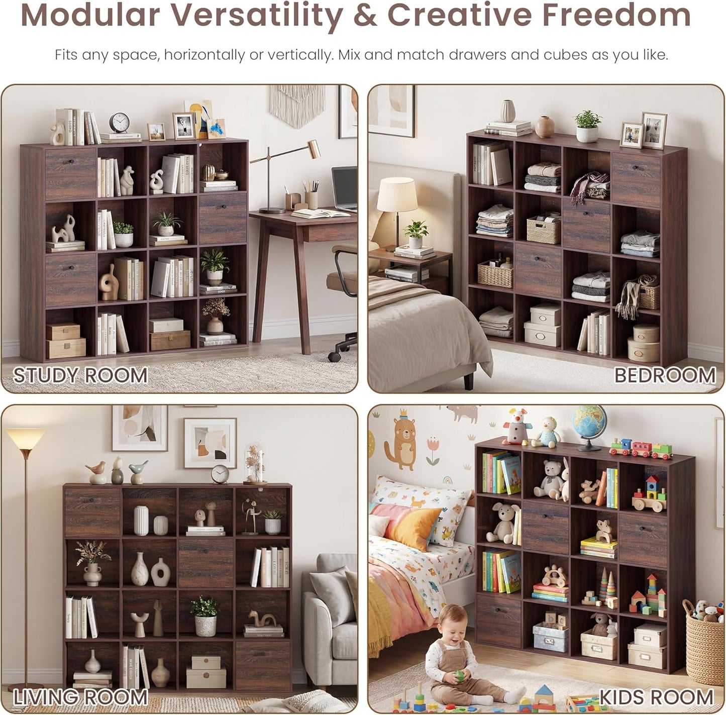 Walnut 16-Cube Storage Organizer - Stylish Wooden Bookcase with 3 Drawers | 47" Wide Freestanding Shelf for Home Office & Library