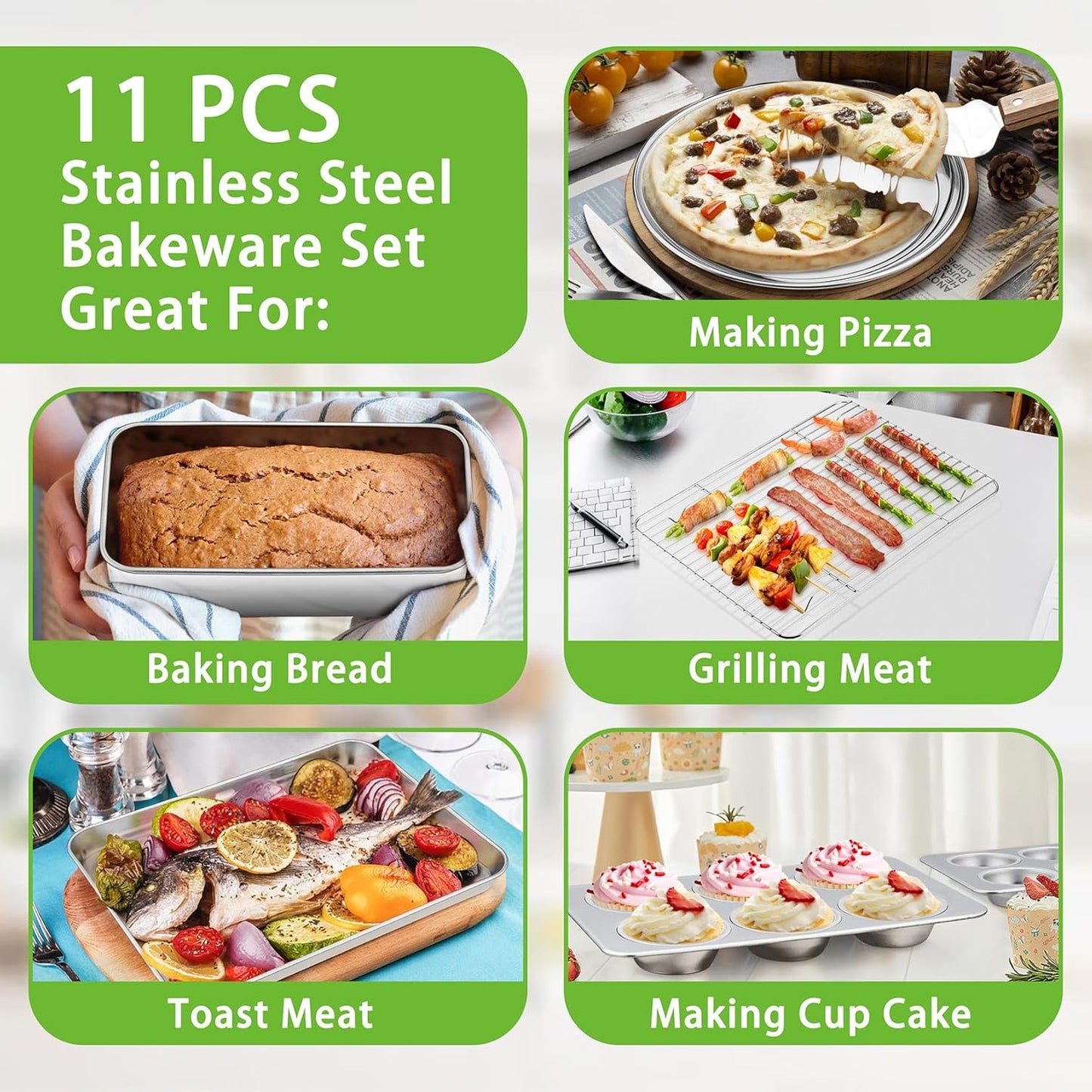 P&P CHEF Stainless Steel Bakeware Set - 11-Piece Baking Pans with Rack, Lasagna Pan, Cake Pans & More