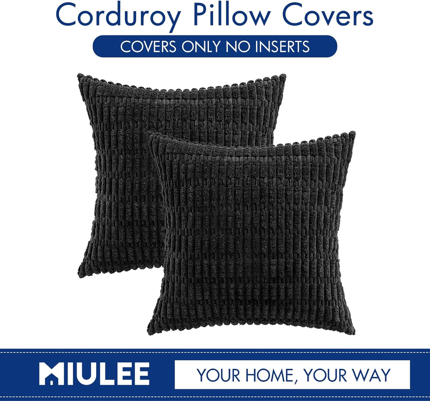MIULEE Corduroy Throw Pillow Covers - Soft Boho Striped Design | 18x18 Inch | Modern Farmhouse Decor in Black