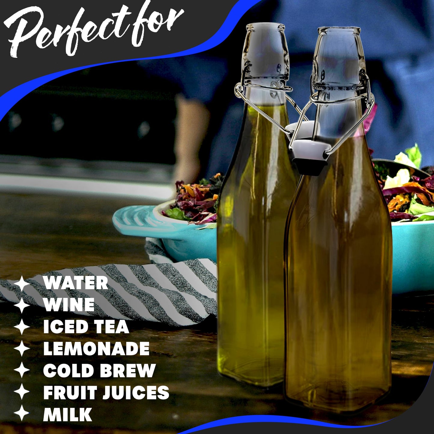 Nevlers 17 Oz Square Flip Top Glass Bottle with Lid 6 Pack | Swing Top Glass Bottles with Airtight Lids, Funnel, Brush & Gold Marker | Coquito Bottles with Caps | Juice, Extract & Syrup Container Set
