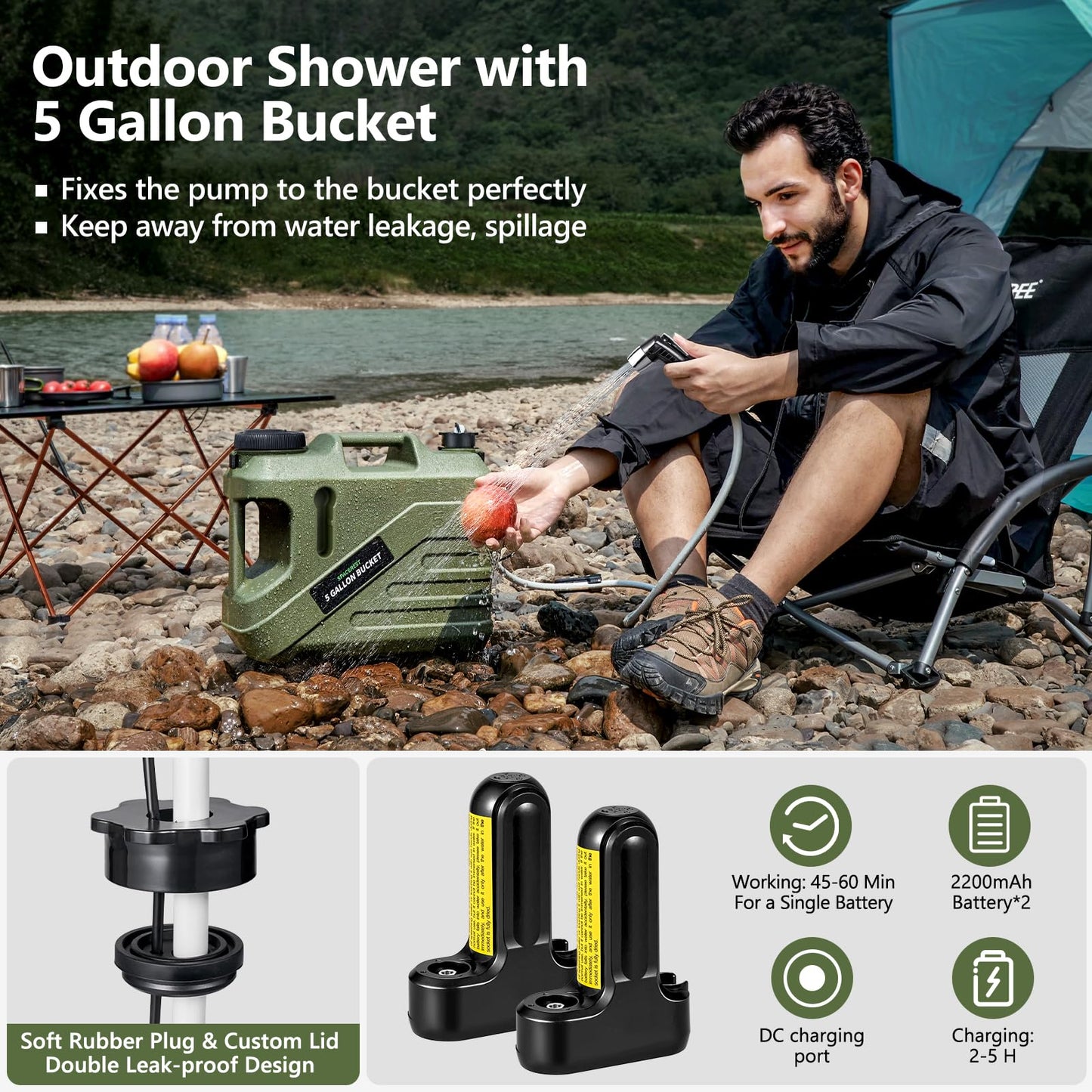 SPACEREST Portable Shower for Camping with Integrated Design – Spill-Resistant, Electric Camping Shower, 5-Gallon Food-Grade Water Jug for Outdoor, Beach, Hiking, Dog Wash, 2 Batteries