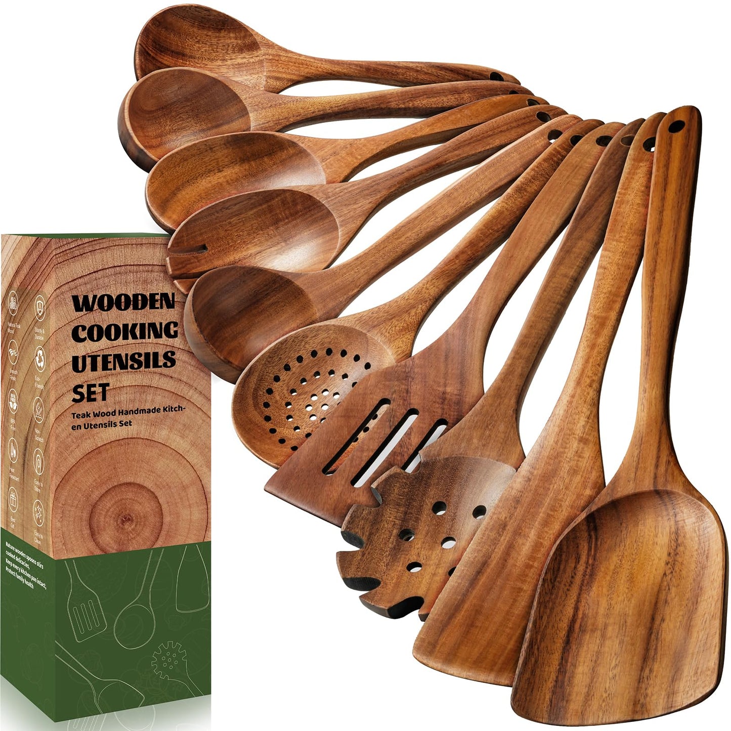 Terlulu 10 Pcs Wooden Spoons for Cooking, Natural Teak Wooden Kitchen Utensils Set, Durable Cooking Utensils Set with Comfort Grip for Cookware, Smooth Finish&NonStick& Heat Resistant Wooden Spatula