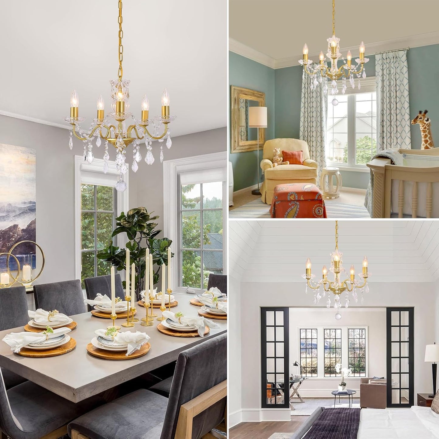 Plug in Modern 3-Light Gold Chandelier with Glass Crystals, Candle Style Pendant Light Fixtures for Living Room, Girls Room, Kitchen Island, Entryway