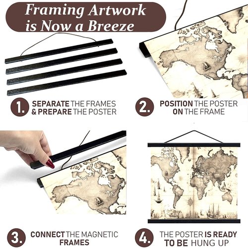 DACRI HOME 52" Magnetic Poster Hanger Frame - Sturdy Teak Wood Poster Frame 52x20 52x32 52x36, Strong Magnets for Easy Hanging Map Picture Canvas Print Scroll Wall Art (52 Inch, Black)