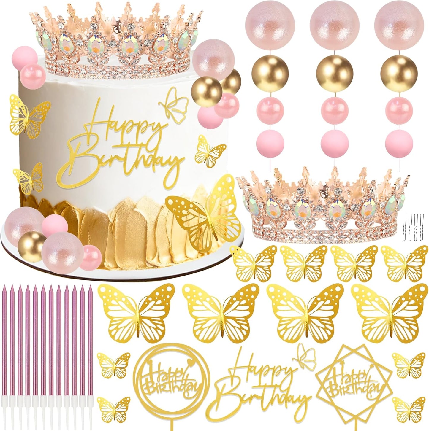 AMZVALU Crown Cake Topper Set - 3 Happy Birthday Decorations with Rose Gold Butterflies & Candles