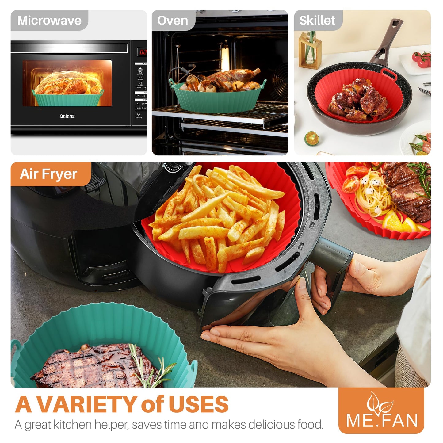 ME.FAN Air Fryer Silicone Liners for 4 to 7 QT [2 Pack] Reusable Air Fryer Basket with Handles & Holes Light Grey