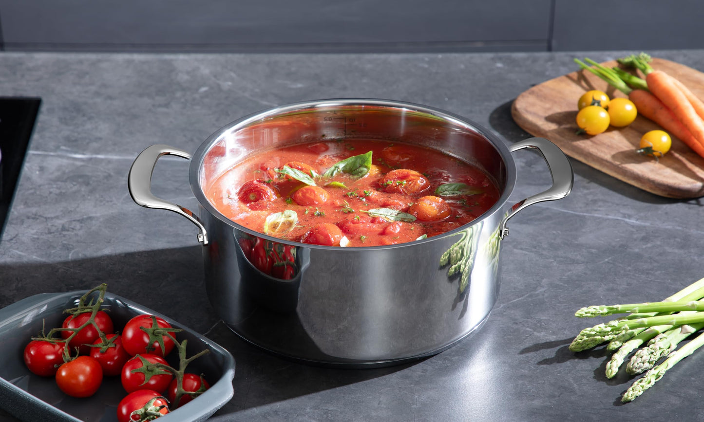 SANFELA Cookware, 10 Piece Stainless Steel Pot and Pan Set, 5 Ply Clad, Includes Frying Pans, Saucepans, Saute Pan and Stock Pot, Compatible with All Cooktops, PTFE, PFAS and PFOA Free