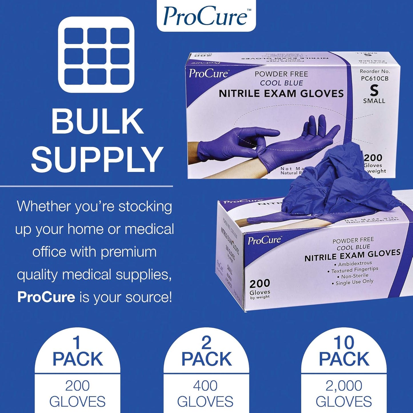 ProCure Disposable Nitrile Gloves - Latex Free, Powder Free | 200 Count Medical Exam Gloves