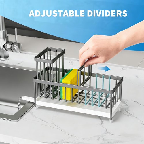 Cisily Sponge Holder for Kitchen Sink, Sink Caddy Organizer with High Brush Holder, Kitchen Countertop Organizers and Storage Essentials, Rustproof 304 Stainless Steel (Gray, 9.25″)