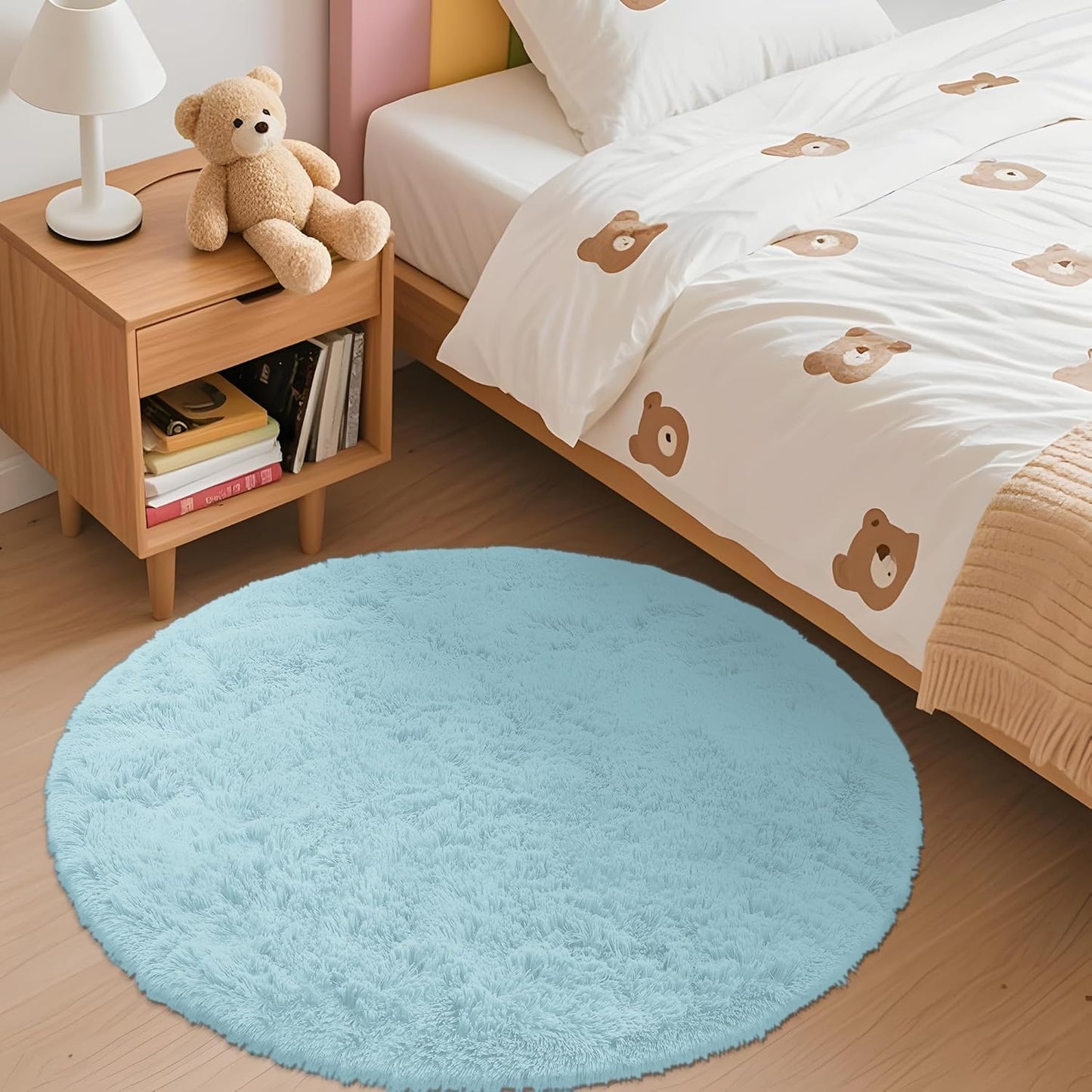 OLANLY Round Light Blue Area Rug - Soft, Fluffy, Machine Washable 3 ft Carpet for Bedroom & Nursery Decor