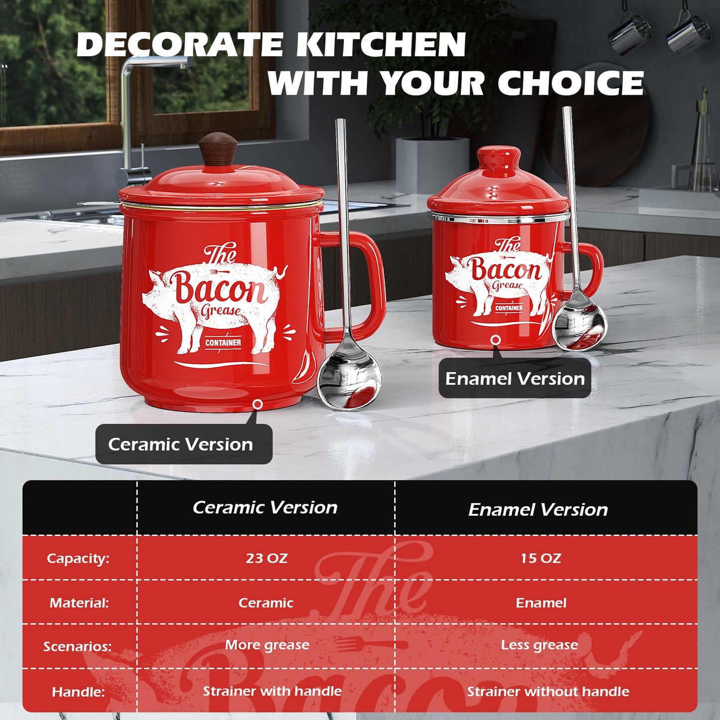 PGYARD Ceramic Bacon Grease Saver With Strainer - 23OZ Bacon Grease Container Farmhouse Keeper For Kitchen Fat Storage-Red