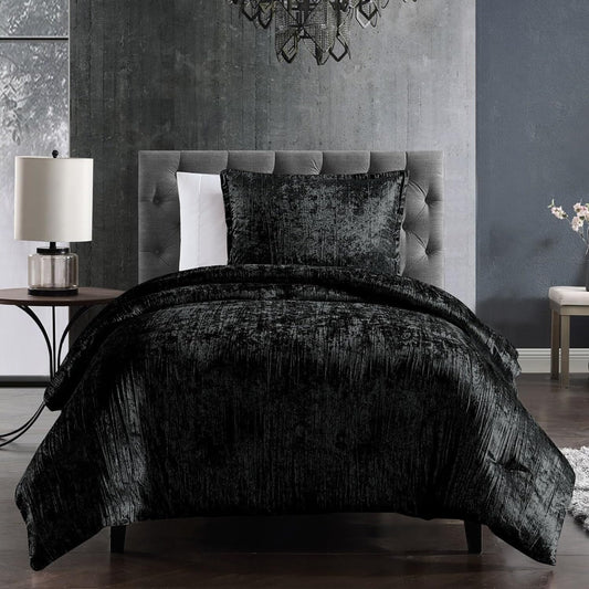 Riverbrook Home Turin Crinkle Velvet Comforter Bedding Set, Twin Size, Glam Textured Décor, Black, 2 Pieces