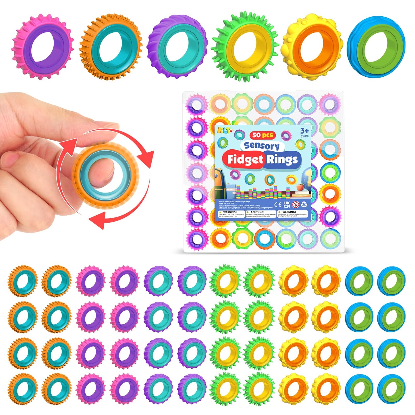 KLT Fidget Toys Bulk for Kids: 50 Pack Texture Spinner Rings - Bulk Fidgets for Students Classroom Prizes - Quiet Sensory for Autism Stress Relief - Goodie Bags Stuffers for Party Favors