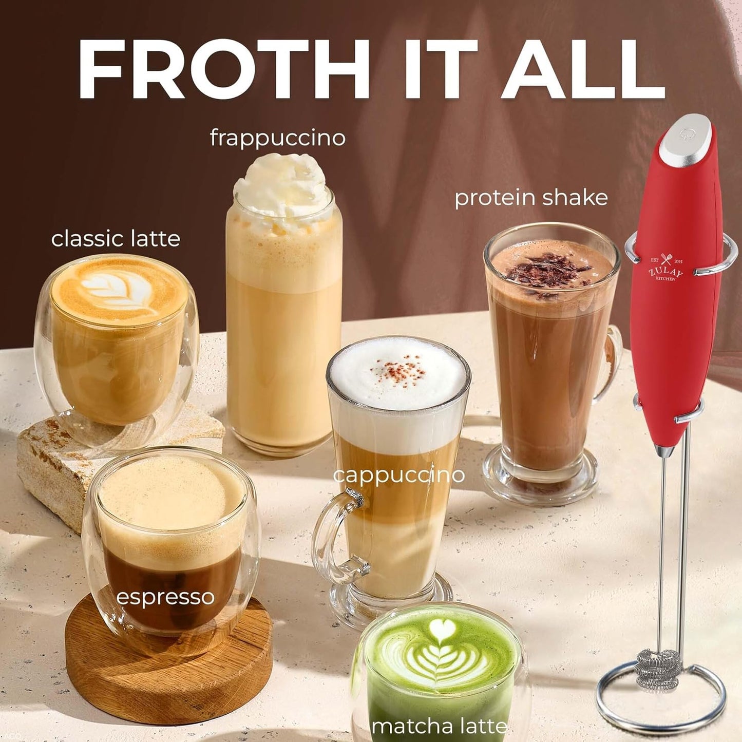 Zulay Kitchen Tornado Triple Whisk Milk Frother - Handheld Foam Maker for Coffee & Lattes - Cardinal Red