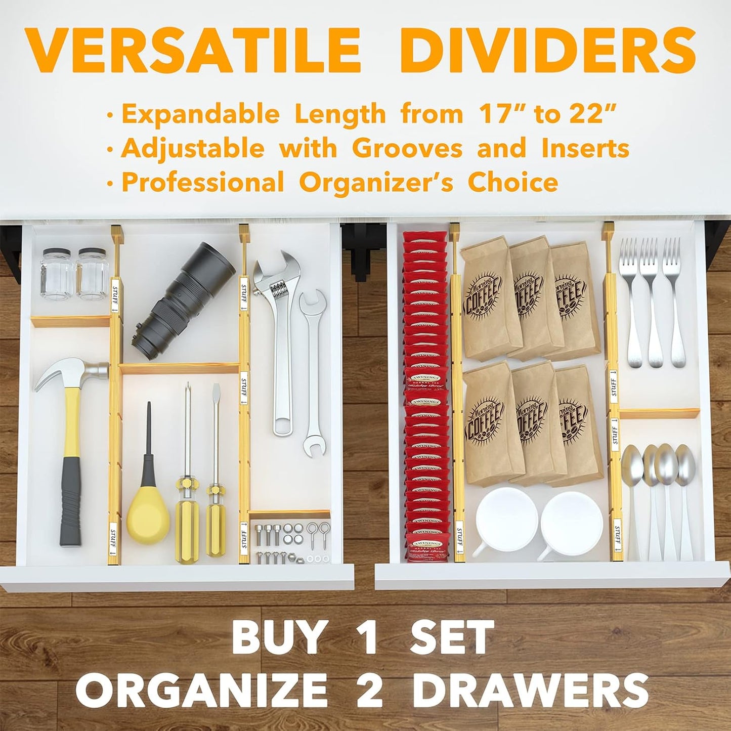 SpaceAid Bamboo Drawer Dividers - Adjustable Kitchen Organizers with Inserts & Labels | 4 Dividers (17"-22") Natural