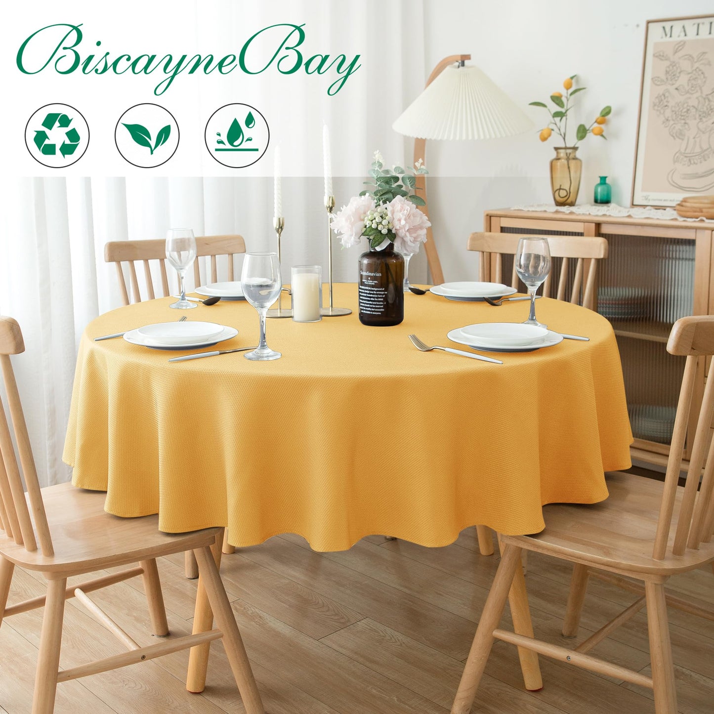Biscaynebay Fall Tablecloth Textured Fabric Round Tablecloths 60" for Tables diameters from 28" to 48", Fall Gold Thanksgiving Autumn Harvest Water Resistant Table Cover for Kitchen, Dining, Party
