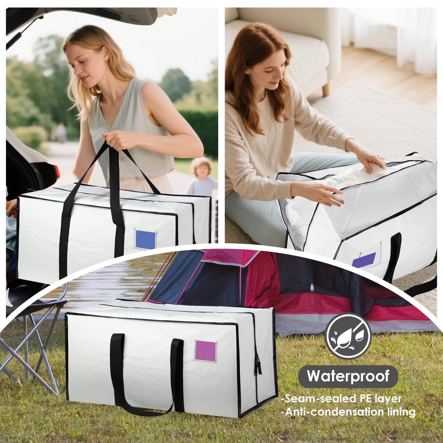 RMOHRO 12 Pack Moving Bags with Full-Open Side Zipper, Extra Large 93L Heavy Duty Waterproof Foldable Storage Totes for College Dorm, Moving & Home Organization,White
