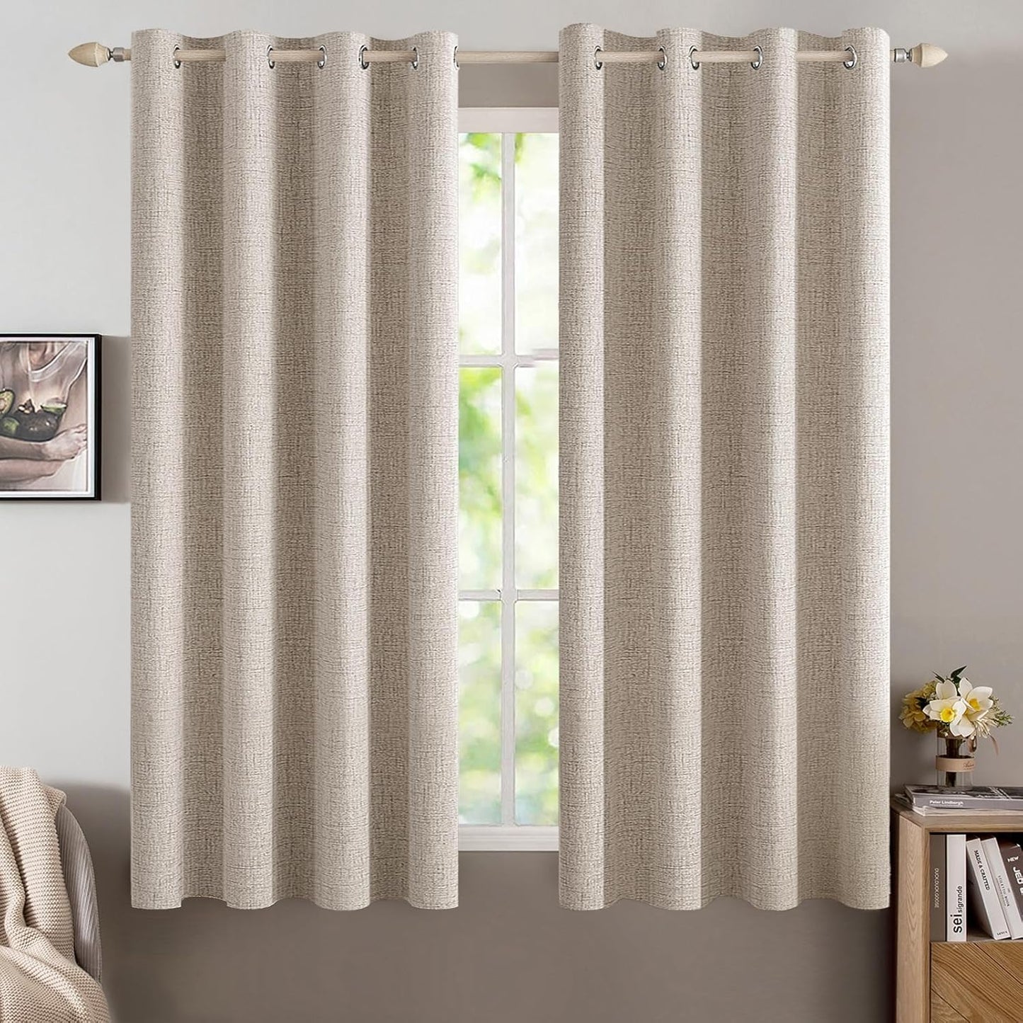 MIULEE Blackout Curtains - 100% Linen Textured Thermal Insulated Drapes | 52 x 63 Inch (2 Panels) for Luxury Bedroom Decor