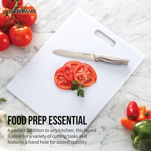 Farberware Large Cutting Board - Dishwasher-Safe Plastic Chopping Board with Easy Grip Handle | 11"x14", White