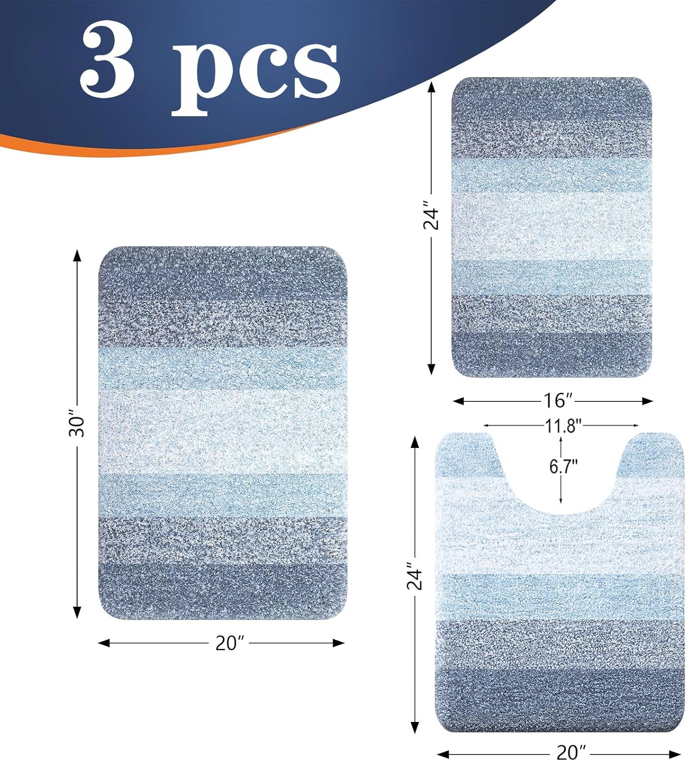 OLANLY 3-Piece Bathroom Rug Set - Soft Absorbent Microfiber Mats & U-Shaped Contour Rug | Blue (30"x20"+24"x16"+24"x20")