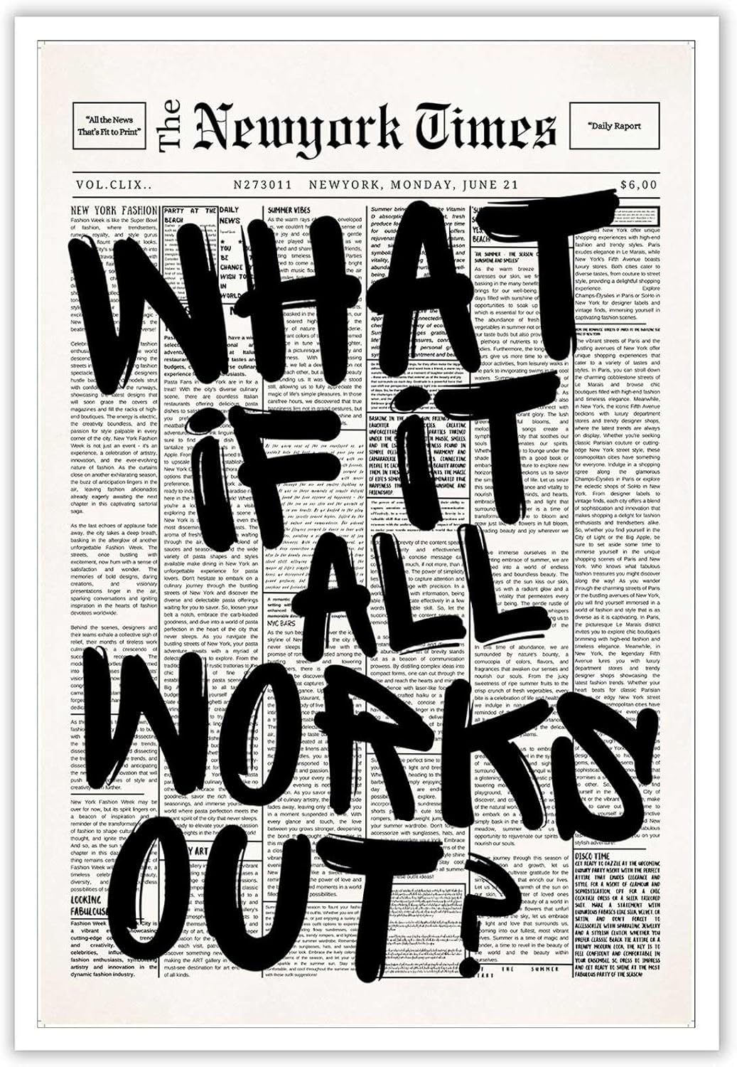 Skiennix Retro Black And White Newspaper Poster - Positive Affirming Quote Canvas Wall Art | 12x16in Unframed