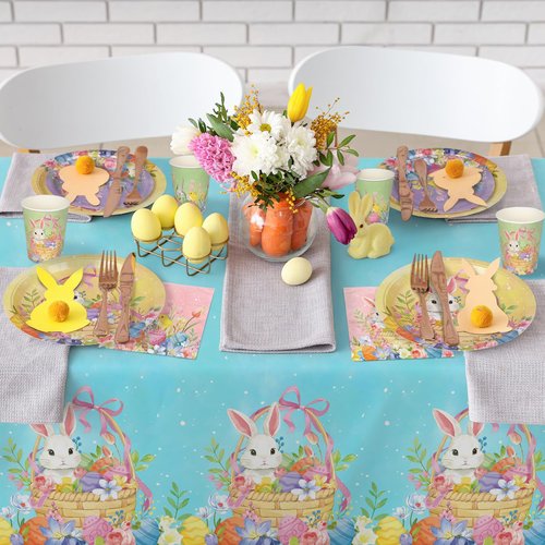 Gatherfun Happy Easter Supplies Kit for 25 Guests - Easter Bunny Decorations, Includes Dinner & Dessert Plates, Napkins, Cups, Banner and Tablecloth in Pink, Purple