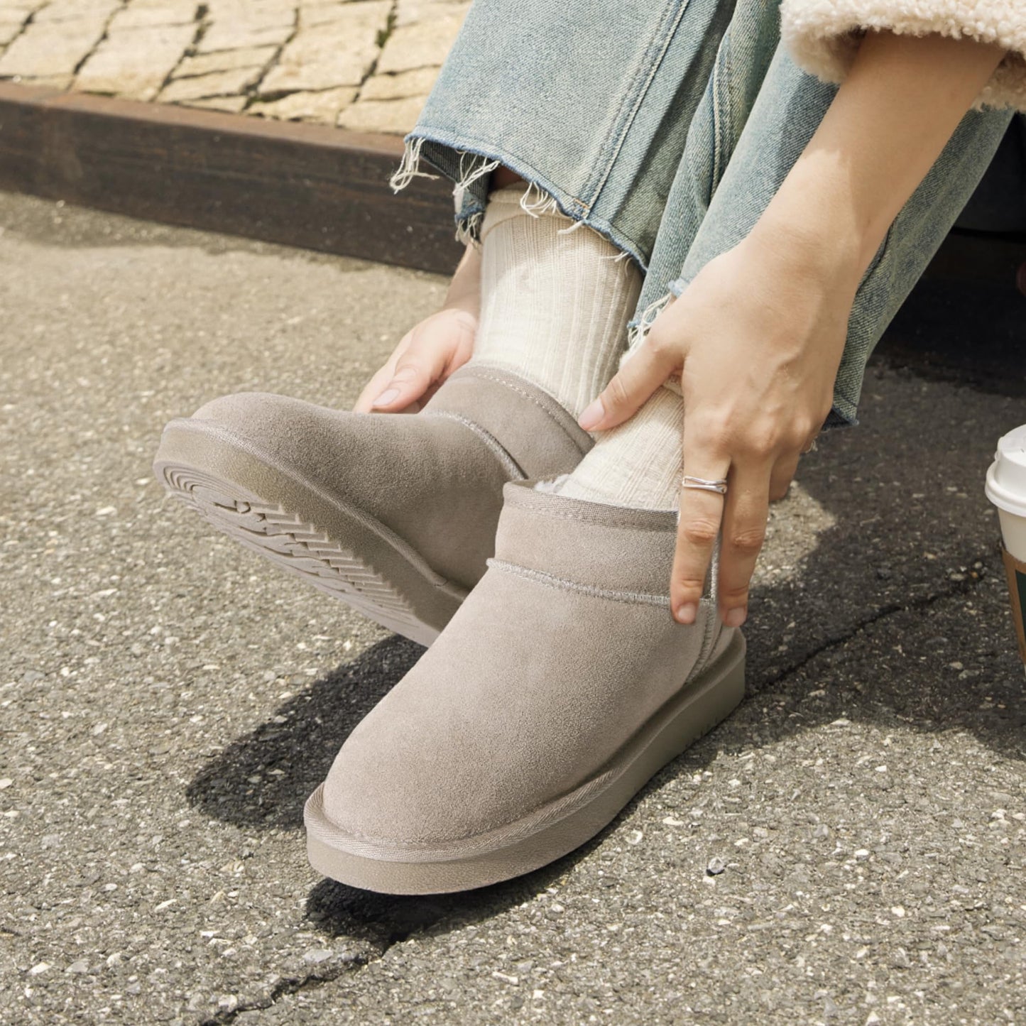 DREAM PAIRS Ankle Winter Mini Boots for Women Genuine Suede Faux Fur Lining Water Resistant Warm Snow Boots Slip On Memory Foam Comfort Booties FuzzyClassic,Size 6,Sand,SDSB2405W